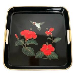 Vintage Black Lacquerware Style Hummingbird Red Hibiscus Plastic Serving Tray